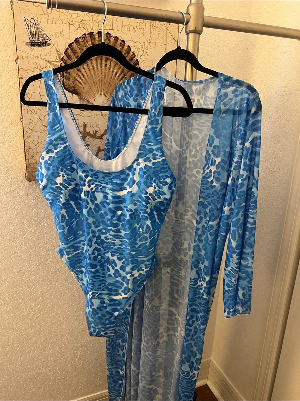 Blue Patterned One-Piece Swimsuit - Women's Scoop Neck
